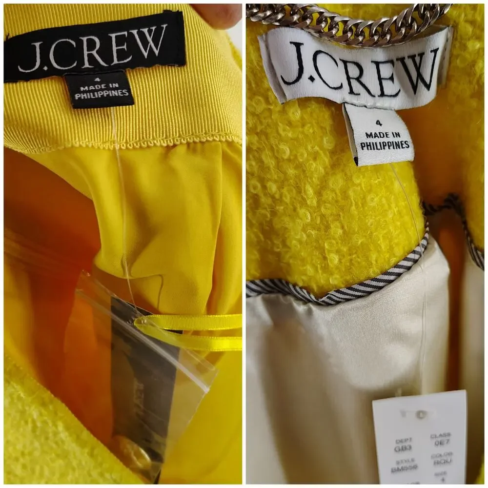 J.Crew Yellow Bouclé Long Lady Jacket & Mini Skirt Wool Blend Suit Set Size 4